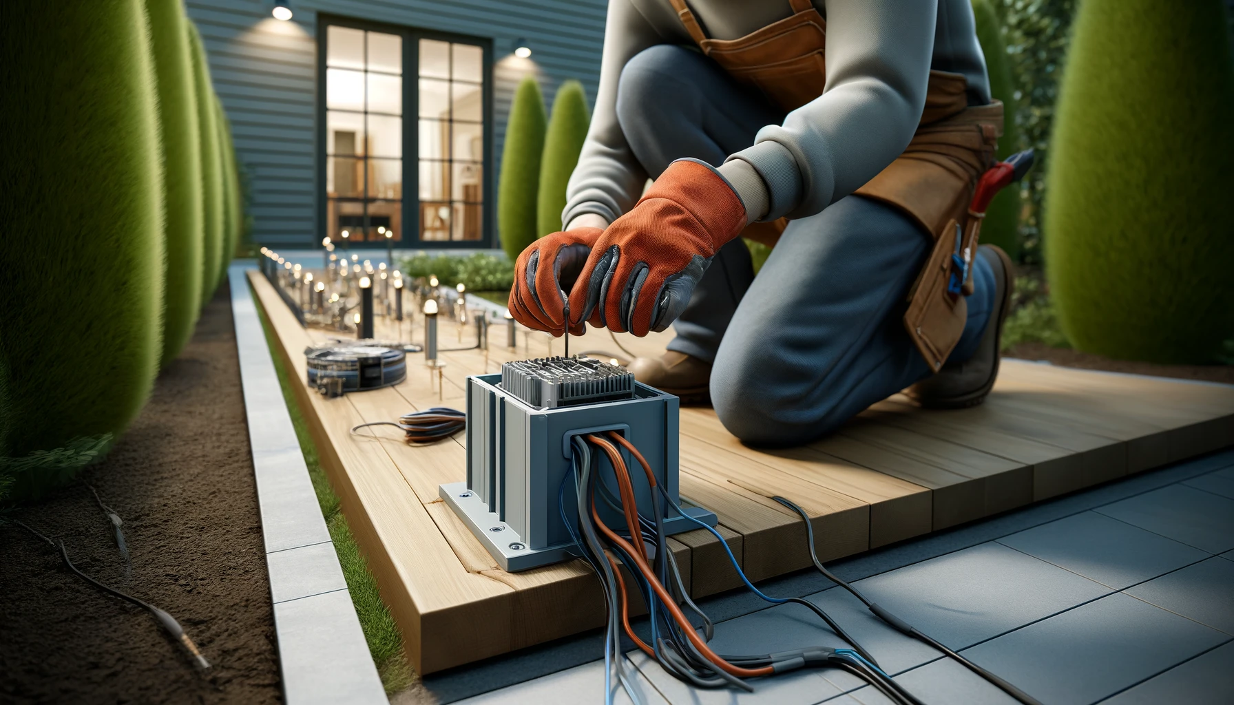 una instalaci&oacute;n de transformador de jard&iacute;n exterior. t