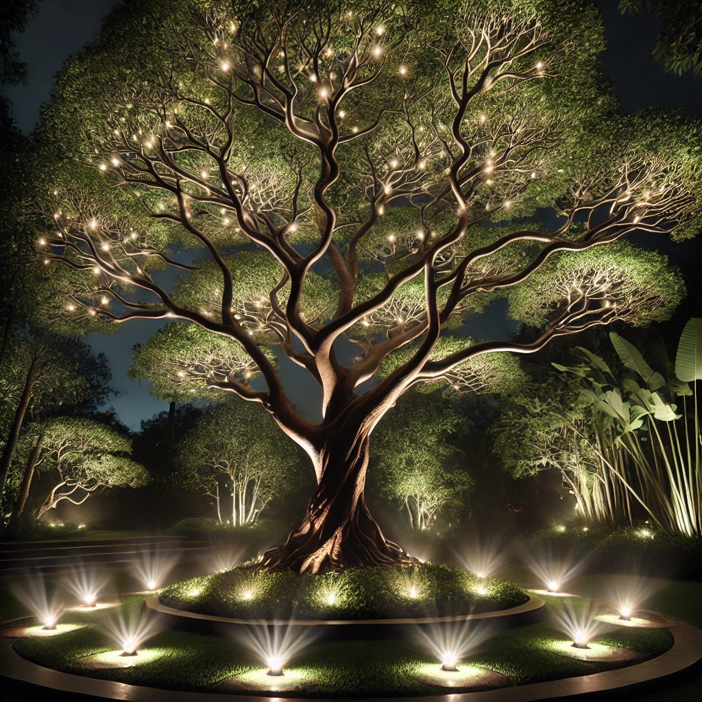 Una ilustraci&oacute;n de un &aacute;rbol bellamente iluminado por la noche, resaltado por luces de pozo.