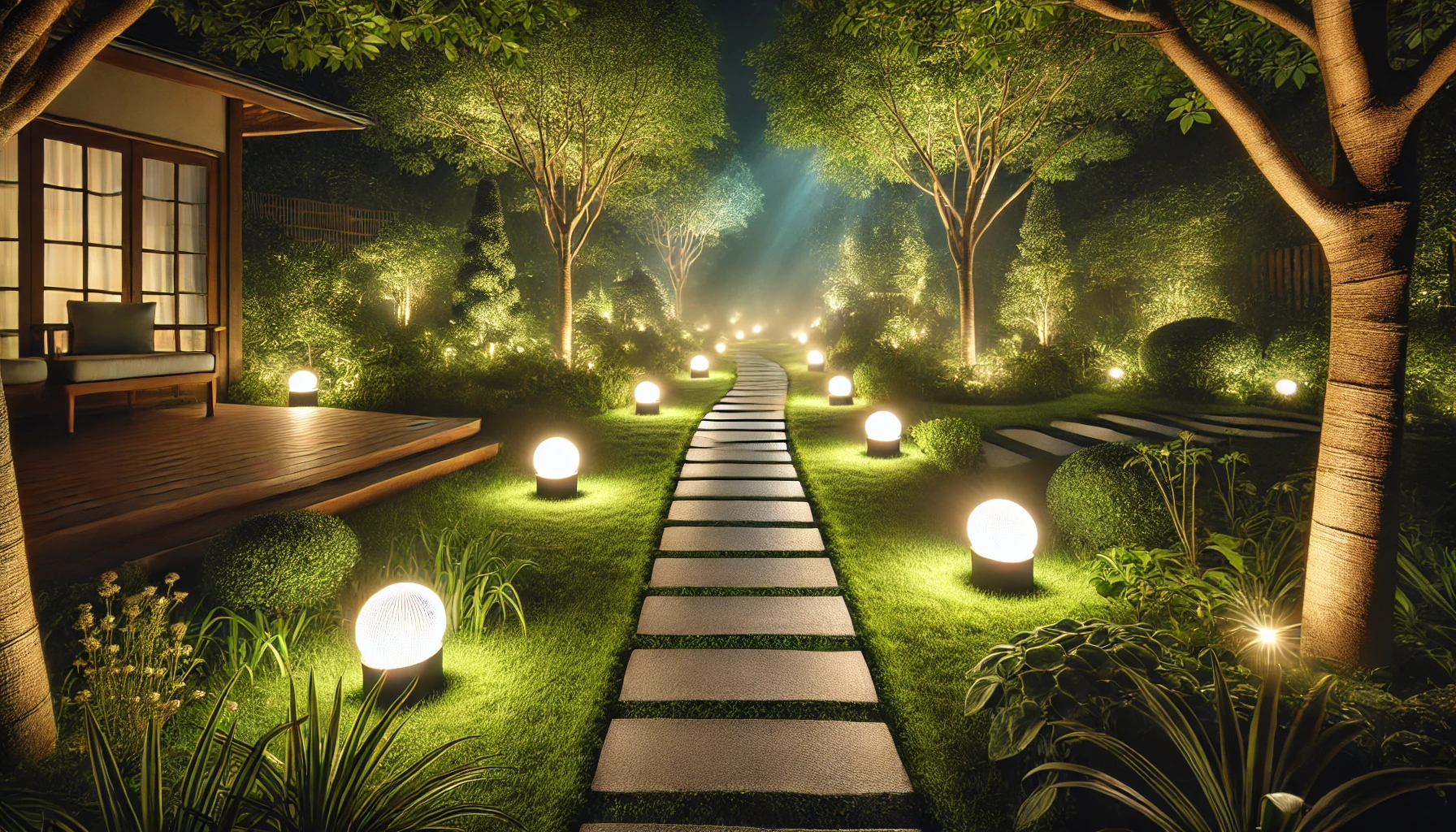 Camino en un jard&iacute;n iluminado por luces de camino por la noche