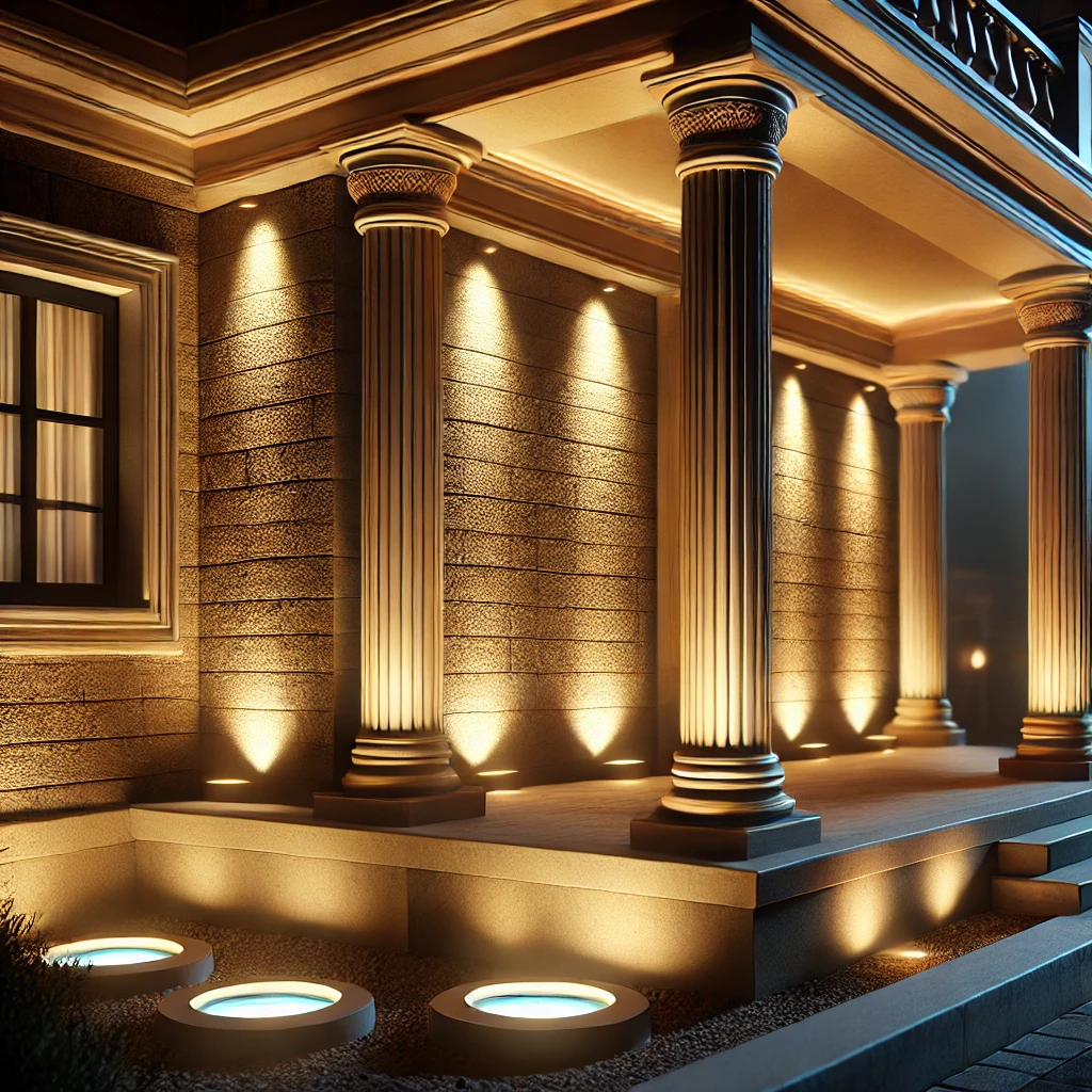 Una ilustraci&oacute;n de luces de pozo que acent&uacute;an las caracter&iacute;sticas arquitect&oacute;nicas de una casa por la noche.